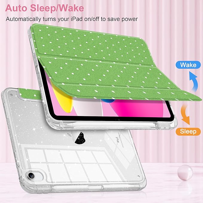 MEEgoodo Case for iPad A16 11th Generation 2025/10th Generation 2022 Glitter Tablet Cases with Transparent Acrylic Back+Trifold Stand +Pencil Holder+Auto Wake/SleepWhite Dots and Green