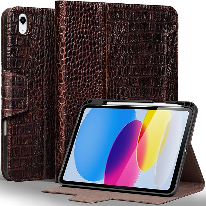 Gexmil Leather Case for iPad (A16) 11th Generation 11 Inch 2025 iPad 10th Generation 10.9 Inch 2022Protective Cover with Pencil HolderMagnetic ClosureAuto Sleep/WakeBrown Crocodile
