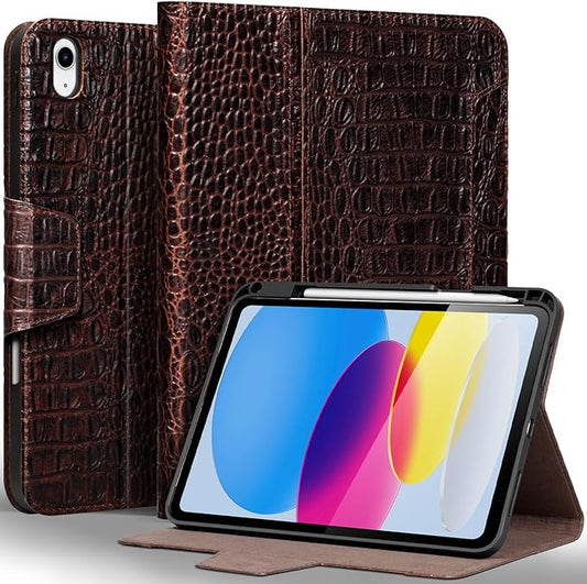 Gexmil Leather Case for iPad (A16) 11th Generation 11 Inch 2025 iPad 10th Generation 10.9 Inch 2022Protective Cover with Pencil HolderMagnetic ClosureAuto Sleep/WakeBrown Crocodile