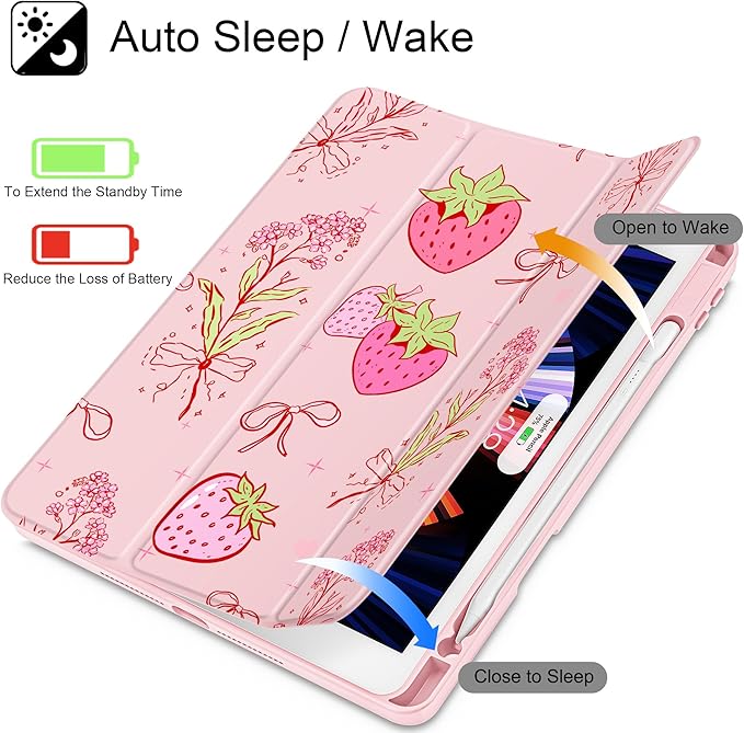 May Chen for iPad 9th Generation with Pencil Holder iPad 8th/7th Gen Case 10.2-inch [Penceil Holder] Trifold Stand Auto Wake/Sleep Clear TPU Protection Back Cover Strawberry Bow