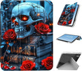 for iPad Pro 11 2024 Case with Pencil Holder Foldable Y-Shaped Protective Cover Stylish Clear Multi-Angle Viewing &amp Auto Sleep/Wake Skull Red Roses Books Tablet Case
