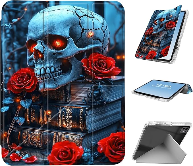 for iPad Pro 11 2024 Case with Pencil Holder Foldable Y-Shaped Protective Cover Stylish Clear Multi-Angle Viewing &amp Auto Sleep/Wake Skull Red Roses Books Tablet Case