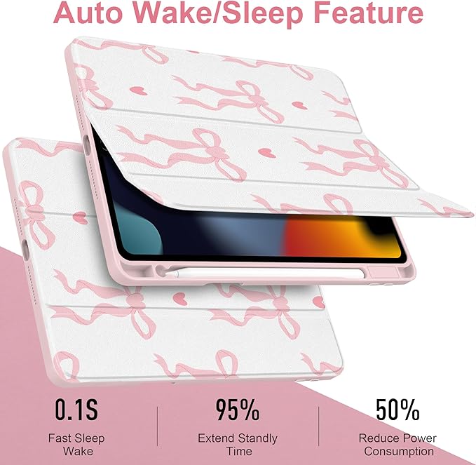 MEEgoodo Case for iPad 10.2 inchTablet Cases for iPad 9th Generation 2021/8th Gen 2020/7th Gen 2019 with Clear Acrylic Back Shell+Pencil Holder+Auto Wake/Sleep+Trifold StandTrendy Bow &amp Hearts