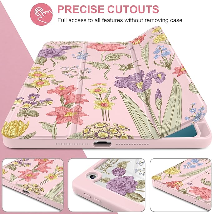DONGKE for iPad 9th/8th/7th Generation Case 10.2 Inch (2021/2020/2019) [Auto Sleep/Wake &amp Pencil Holder] Clear Acrylic Back Trifold Stand Cover Pink Botanical Floral