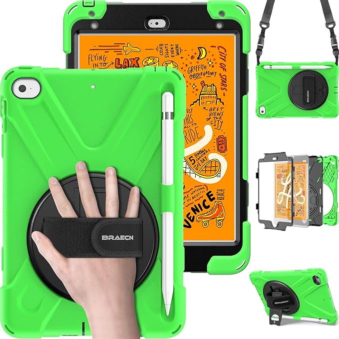 BRAECN iPad mini 5 CaseiPad mini 4 Case Heavy Duty Shockproof Protective Rugged Case with Pencil HolderHand StrapKickstand Shoulder Strap for iPad mini 5th/4th Generation 7.9 Inch for Kids