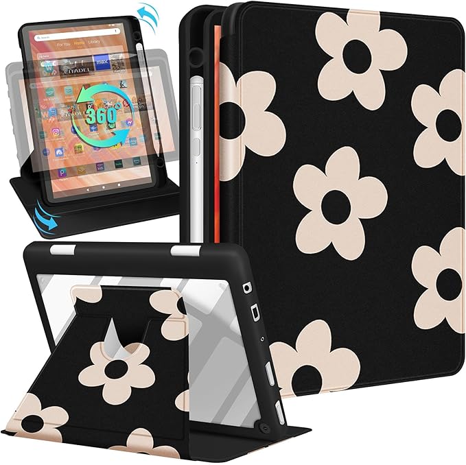 Kidcube for Kindle Fire HD 10/10 Plus Tablet Case - 13th/11th Generation (2023/2021) 10.1 Women Girls Cute Flowers Floral Design Rotating Stand Pencil Holder Folio Cases for Amazon Fire HD 10/10 Plus