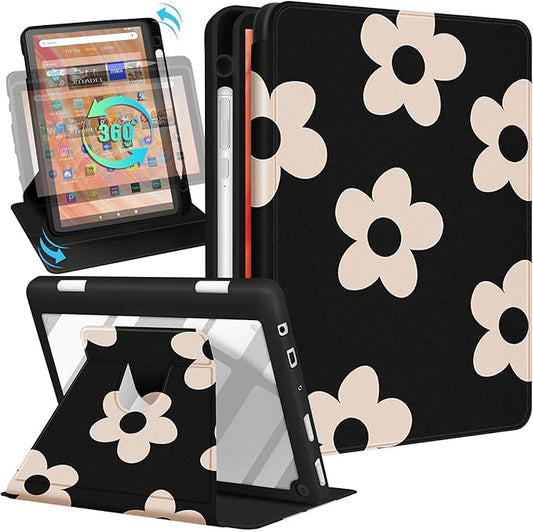 Kidcube for Kindle Fire HD 10/10 Plus Tablet Case - 13th/11th Generation (2023/2021) 10.1 Women Girls Cute Flowers Floral Design Rotating Stand Pencil Holder Folio Cases for Amazon Fire HD 10/10 Plus