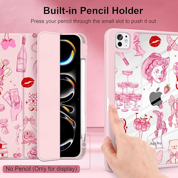 Case for iPad Pro 11 Inch (M5 2025 M4 2024) – [Built-in Pencil Holder] Shockproof &amp Stylish Clear Hard Back + Soft TPU Edge Magnetic Trifold Stand Auto Wake/Sleep Cowgirl Pink