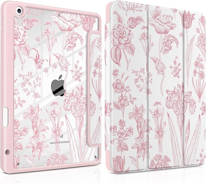 DONGKE for iPad 9th/8th/7th Generation Case 10.2 Inch (2021/2020/2019) [Auto Sleep/Wake &amp Pencil Holder] Clear Acrylic Back Trifold Stand Cover Pink Florals