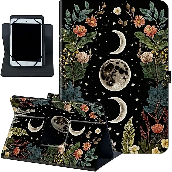 Rossy Universal 10.0 Tablet Case Universal Case for 9.6-10.5 Inch Android Tablet Slim PU Leather Stand Folio Shell Cover with 360 Degree Rotatable Kickstand Multiple ViewingFlower Moon Star