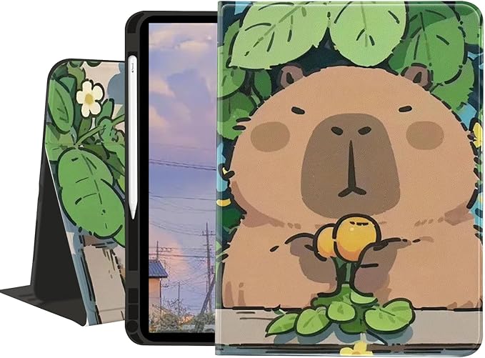 Cute Funny Capybara Case for iPad 9th/8th/7th Generation 10.2 2021/2020/2019Textured Folio Case with Pencil Holder Multi-Angle View Adjustable Stand Auto Wake/Sleep Cover for Girls Boys