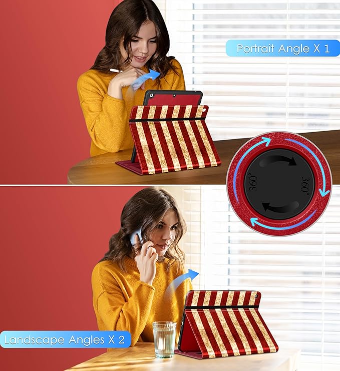 DTTO Rotating Case for iPad 9th/8th/7th Generation 10.2 Inch 2021/2020/2019 360 Degree Swiveling Premium Leather Folio Stand Cover with Pencil Holder - Auto Wake/Sleep and Hand Strap US Flag