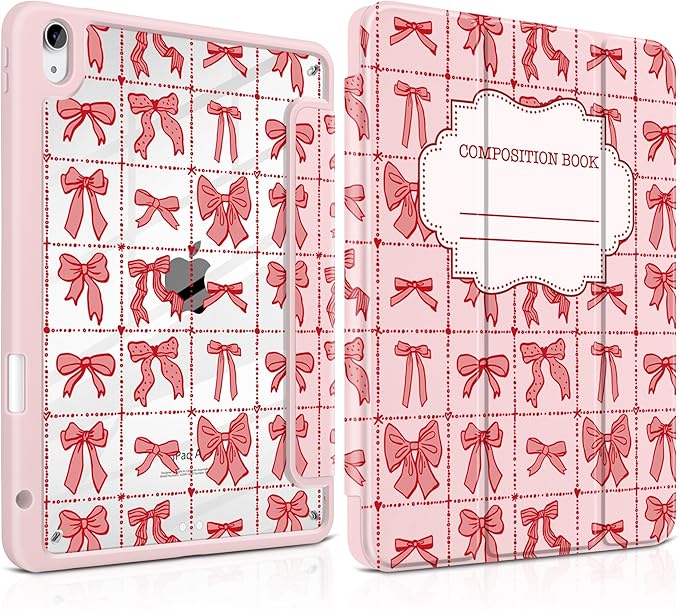 DONGKE Case for iPad Air 11-inch M4 2026 &amp M3 2025 &amp M2 2024 iPad Air 5th/4th Generation 10.9 2022/2020 [Built-in Pencil Holder] Clear Acrylic Back Trifold Stand Smart Cover Bow Compositio
