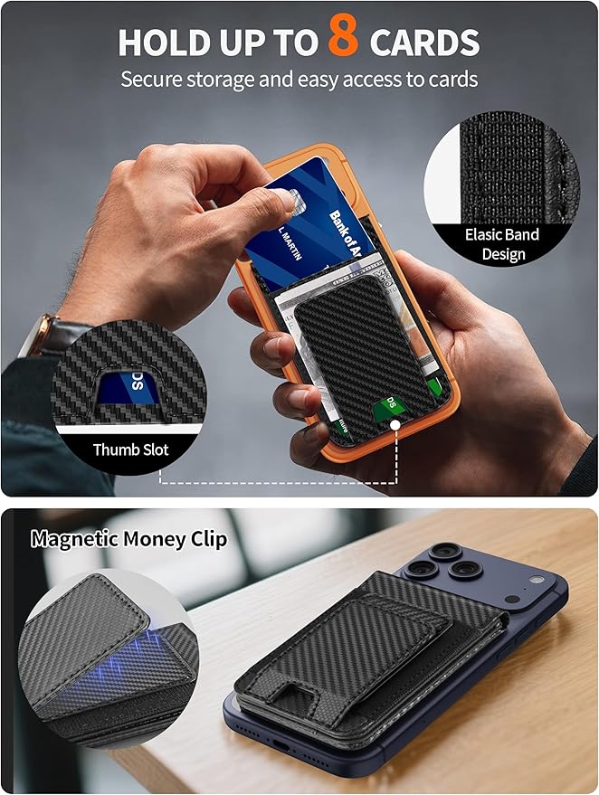 TopMade for MagSafe Wallet with Money Clip Strongest Magnetic Card Holder for iPhone 17/16/15/14/13/12 Series for iPhone Wallet with Adjustable Stand ID Window RFID Blocking Black Carbon Fiber