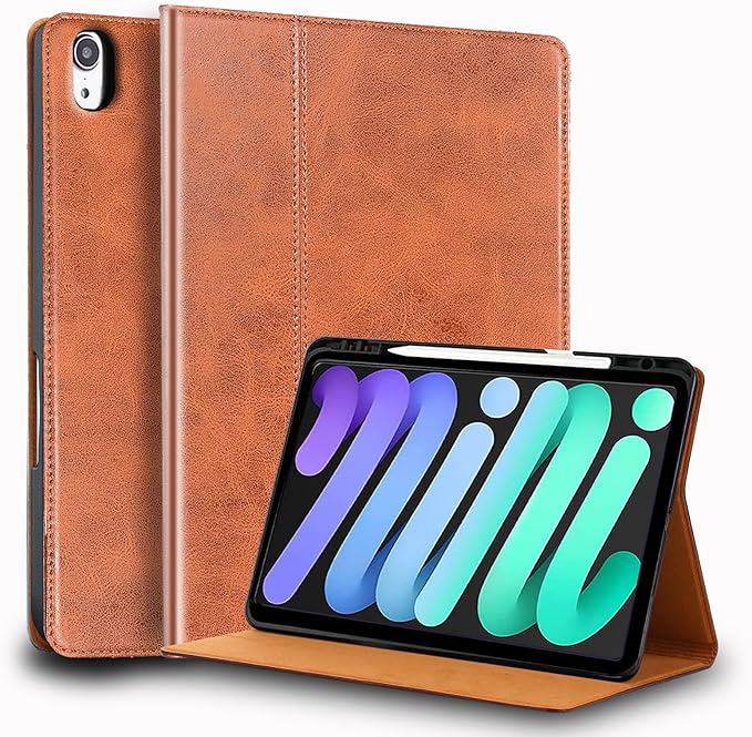 for Ipad Case Air 8th/7th/6th Gen 11in M4/M3/M2 2026/2025/2024 and Ipad Air 5th/4th Gen 10.9in 2022/2020 Genuine Leather Cover Protective ShellBuilt-in Pencil Holder and Auto Wake/Sleep.Brown