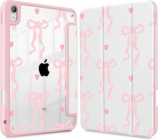 Case for iPad 11 inch A16 2025 Generation 11th / iPad 10.9 inch 2022 10th Gen Buit in Pencil Holder with Shockproof Cover Clear Transparent Back Shell Auto Wake/Sleep Trendy Bow