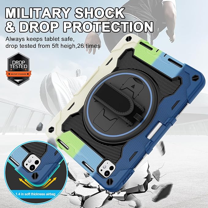 iPad Pro 11 Inch Case M5 2025/M4 2024 Heavy Duty Shockproof Protective Case with Screen Protector 360° Rotating Stand Hand Strap Shoulder Strap Kids Cover Apple Pencil Holder
