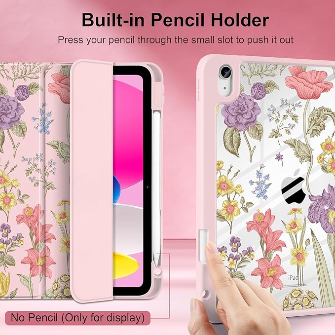DONGKE Case for iPad (A16) 11th Generation 11 inch 2025 &amp iPad 10th Gen 10.9 inch 2022 [Built-in Pencil Holder] Clear Acrylic Back Trifold Stand Smart Cover Auto Sleep/Wake Pink Botanical Flora