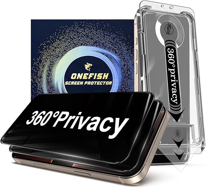 OneFish 2 Pack Privacy Screen Protector for iPhone 14 Pro - 4-Way 360° Anti-Spy Tempered Glass 9H Hardness 3D Curved Edges Case-Friendly &amp Easy Installation