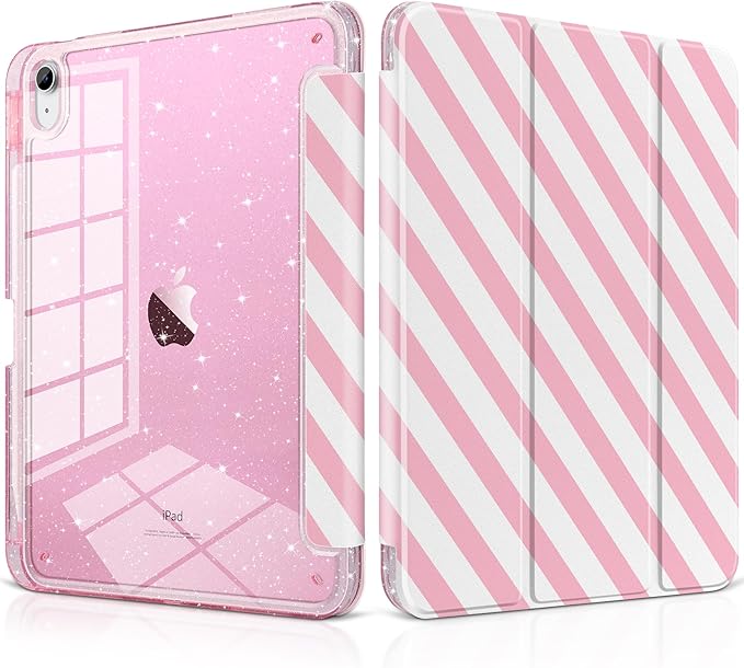 MEEgoodo Case for iPad A16 11th Generation 2025/10th Generation 2022 Glitter Tablet Cases with Transparent Acrylic Back+Trifold Stand +Pencil Holder+Auto Wake/SleepPink and White Stripes