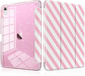 MEEgoodo Case for iPad A16 11th Generation 2025/10th Generation 2022 Glitter Tablet Cases with Transparent Acrylic Back+Trifold Stand +Pencil Holder+Auto Wake/SleepPink and White Stripes