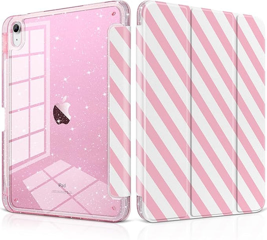MEEgoodo Case for iPad A16 11th Generation 2025/10th Generation 2022 Glitter Tablet Cases with Transparent Acrylic Back+Trifold Stand +Pencil Holder+Auto Wake/SleepPink and White Stripes