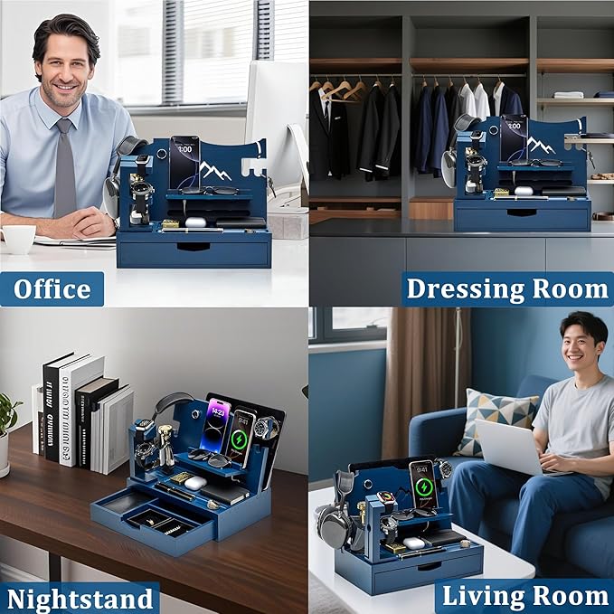 Nightstand Organizer for Men with Large Drawer Wood Phone Docking Station for Phone Apple Watch Wallet &amp Keys Ideal Birthday Gift for Father Husband Bedside Desk Organizer (Blue)