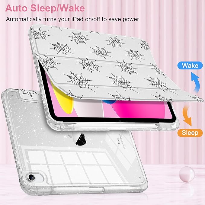 MEEgoodo Case for iPad A16 11th Generation 2025/10th Generation 2022 Glitter Tablet Cases with Transparent Acrylic Back+Trifold Stand +Pencil Holder+Auto Wake/SleepSpiderweb Pattern