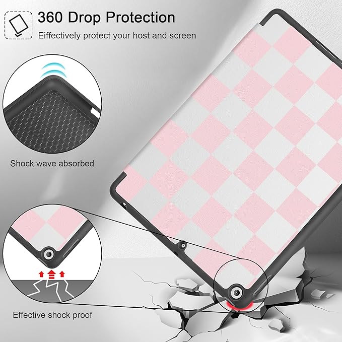 Tuiklol Case for iPad 10.2 Inch 2021 2020 2018 Release 9th / 8th / 7th Generation Built-in Pencil Holder TPU Protective Stand Back Cover Trifold Stand-Auto Wake/Sleep Lattice Pink