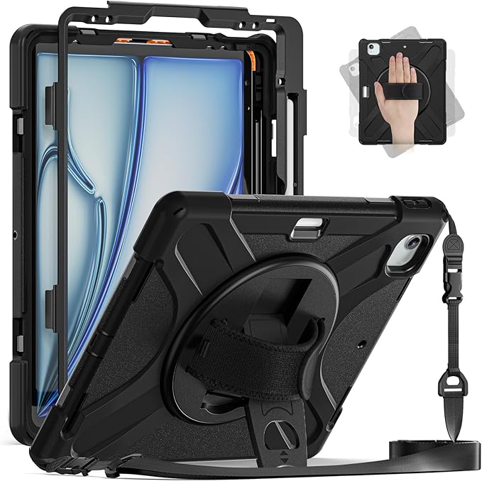 for iPad Air 13-inch M2 (2024) A2898/A2899 for iPad Pro 12.9 Rugged Case Portable Heavy Duty Shock-Proof Armor Cover with Swivel Kickstand/Hand Grip Shoulder Strap Pencil Holder (Black)