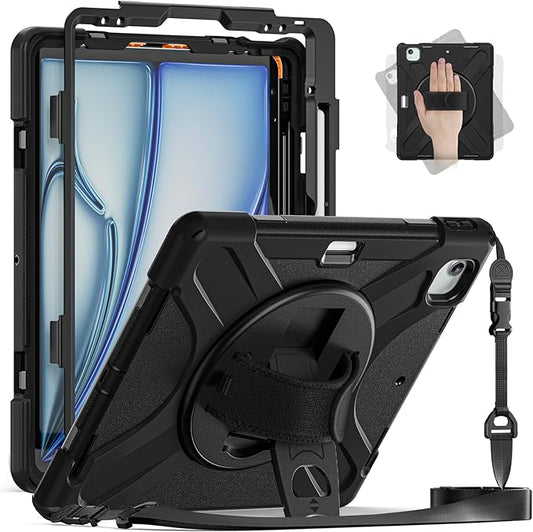 for iPad Air 13-inch M2 (2024) A2898/A2899 for iPad Pro 12.9 Rugged Case Portable Heavy Duty Shock-Proof Armor Cover with Swivel Kickstand/Hand Grip Shoulder Strap Pencil Holder (Black)