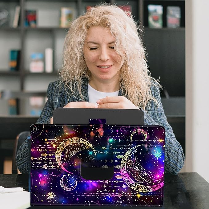 for Universal 10 10.1 Inch Android Tablet Case 360 Degree Rotating Leather Stand Folio Cover for iPad 9.7/10.2/10.5/Galaxy Tab 9-10.5/Fire HD10 &amp More 9.0-10.5 Inch TabletPurple Glitter Moon