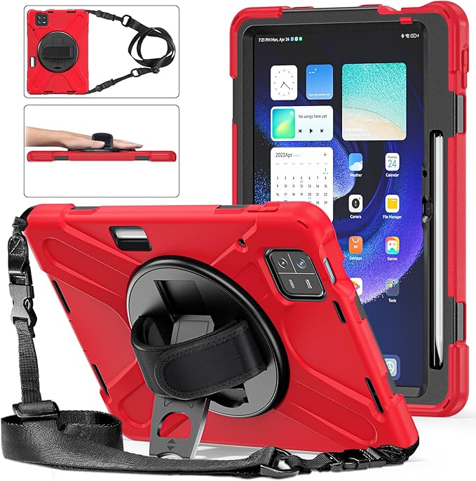 for Xiaomi Mi Pad 6/ Mi Pad 6 Pro Case MiPad 6/ Pad 6 Pro Shockproof Case 11 360 Rotate Stand Hand Strap Shoulder Strap Pencil Holder Protective Cover Tablet for Men Women Kids Red