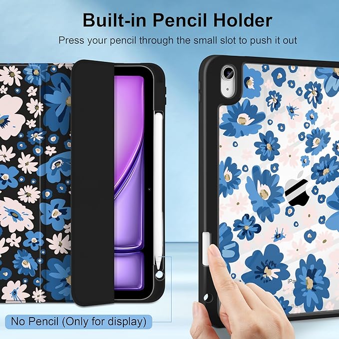 MecBevia Case for iPad Air 11-inch M4 2026 / M3 2025 / M2 2024 Slim Protective Cover with Built-in Pencil Holder Auto Wake/Sleep Summer Meadow