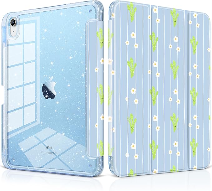 MEEgoodo Case for iPad A16 11th Generation 2025/10th Generation 2022 Glitter Tablet Cases with Transparent Acrylic Back+Trifold Stand +Pencil Holder+Auto Wake/SleepCute &amp Cheerful Asparagus