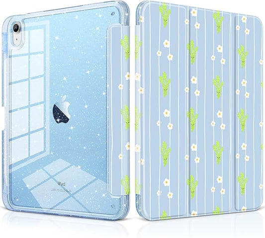 MEEgoodo Case for iPad A16 11th Generation 2025/10th Generation 2022 Glitter Tablet Cases with Transparent Acrylic Back+Trifold Stand +Pencil Holder+Auto Wake/SleepCute &amp Cheerful Asparagus