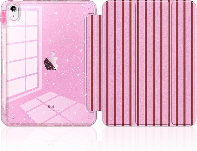 DONGKE for iPad Case 9th/8th/7th Generation 10.2 Inch (2021/2020/2019) Shockproof Glitter Acrylic Back with Trifold Stand Pencil Holder &amp Auto Sleep/Wake - Pink Stripes