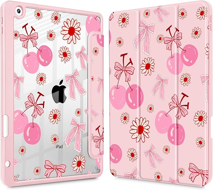 for iPad 9th Generation with Pencil Holder iPad 8th/7th Gen Case 10.2-inch [Built in Pencil Holder] Trifold Stand Auto Wake/Sleep Clear TPU Protection Back Cover Cherry Bow P705