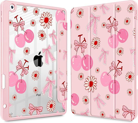 for iPad 9th Generation with Pencil Holder iPad 8th/7th Gen Case 10.2-inch [Built in Pencil Holder] Trifold Stand Auto Wake/Sleep Clear TPU Protection Back Cover Cherry Bow P705