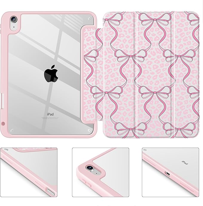 Case for iPad 11 inch A16 2025 Generation 11th / iPad 10.9 inch 2022 10th Gen Buit in Pencil Holder with Shockproof Cover Clear Transparent Back Shell Auto Wake/Sleep Bows &amp Leopard