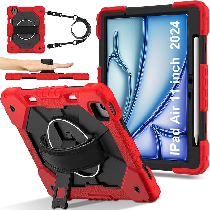 tab case for iPad Air 11 inch (M2) 2024 Shockproof Protective Case with 360° Rotate Kickstand/Hand Strap/Shoulder Strap for iPad Air 6th Generation CaseRed+Black