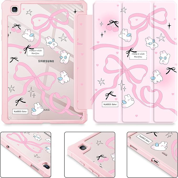 Mektron Case for Samsung Galaxy Tab S6 Lite 10.4 Inch 2024/2022/2020 with S Pen Holder Multi-Angle Viewing with Shockproof Cover Clear Shell + Trifold Stand + Auto Wake/Sleep Pink Bows-Rabbits