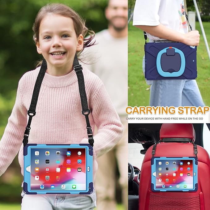 BRAECN Silicone Case for iPad 9.7 Inch 6th/5th Generation iPad Pro 9.7 iPad Air 2 Triple Protected Rugged Cover with Stable Kickstand/Hand Grip/Pencil Holder/Shoulder Strap for Kids-Navy+Blue