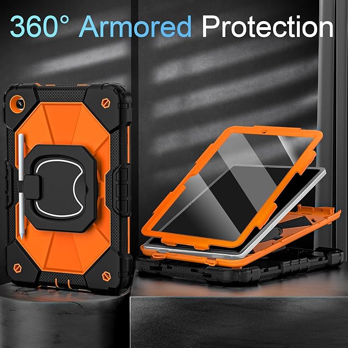Case for Galaxy Tab A11 Plus/A9 Plus 11 Inch Heavy Duty Cases for Samsung Galaxy A11+/A9+ Tablet Case with Screen Protector 360 Rotating Stand Shoulder Strap Pen HolderBlack Orange