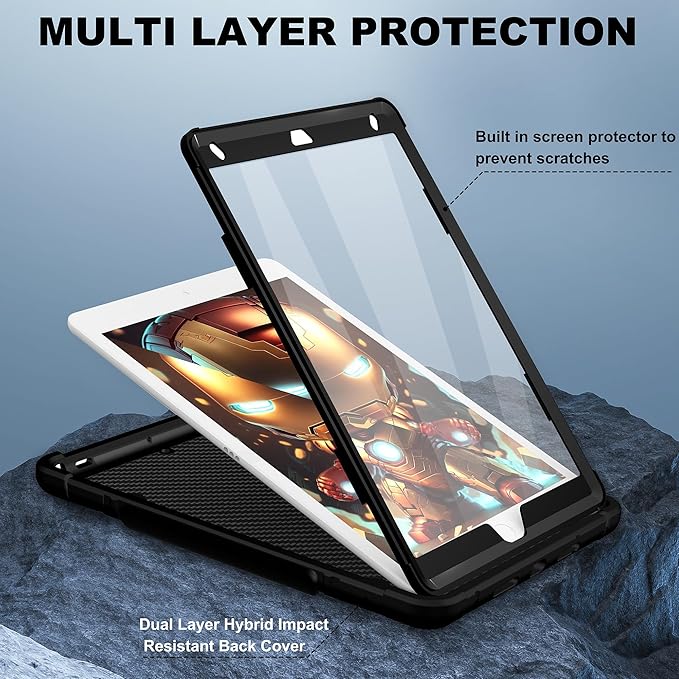 Case for iPad 9th/8th/7th Generation 10.2 inch Heavy Shockproof Cover with Screen Protector/180° Rotating Handle/Bracket/Pen Holder/Shoulder Strap Kids Case for 2021/2020/2019 (D-Black)
