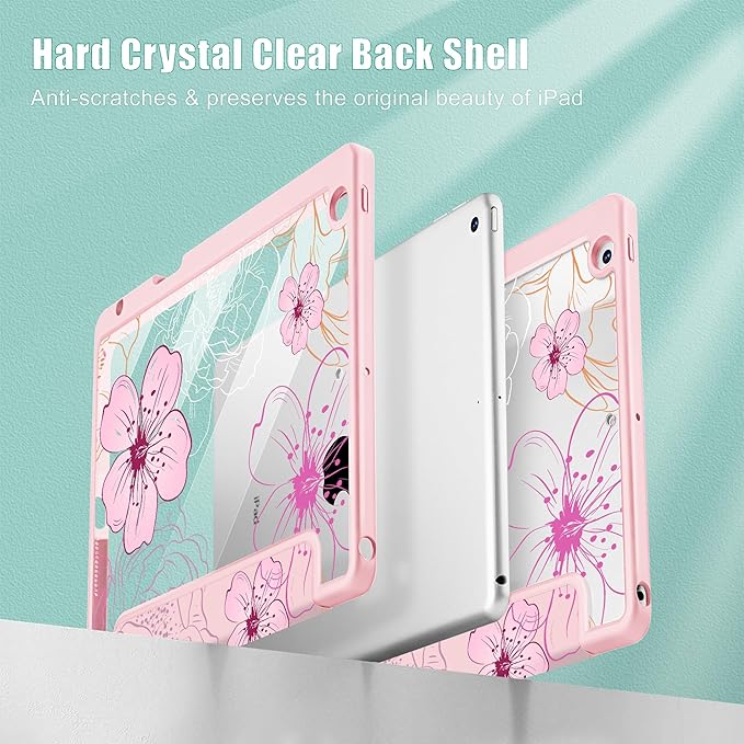 Case for iPad 9th/ 8th/ 7th Generation 10.2-Inch Case(2021/2020/2019 Release) [Built in Pencil Holder] Trifold Stand Auto Wake/Sleep Clear TPU Protection Back Cover Flowers Illustration