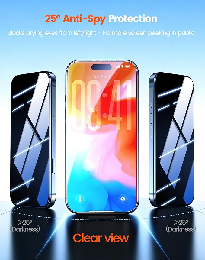 for iPhone 17 Pro Max Privacy Screen Protector 25° Anti-Spy 3D Curved Tempered Glass Full Coverage 12FT Military Drop Protection 9H Hardness 3s Bubble-Free Fingerprint &amp Case Friendly 2-Pack