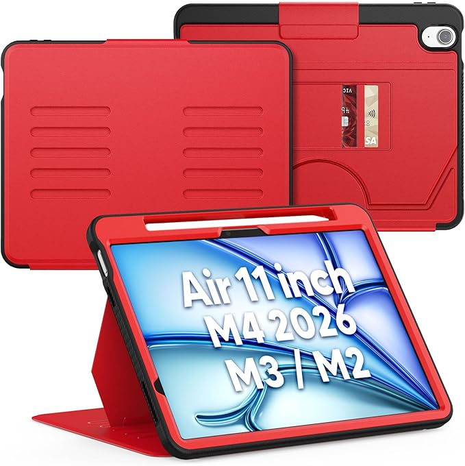 SEYMAC for iPad Air 11 inch Case M4/ M3/ M2 (2026/2025/ 2024) Full Protective Auto Sleep/Wake Strong Magnetic Cover with 5 Standing Angles and Pencil Holder Red