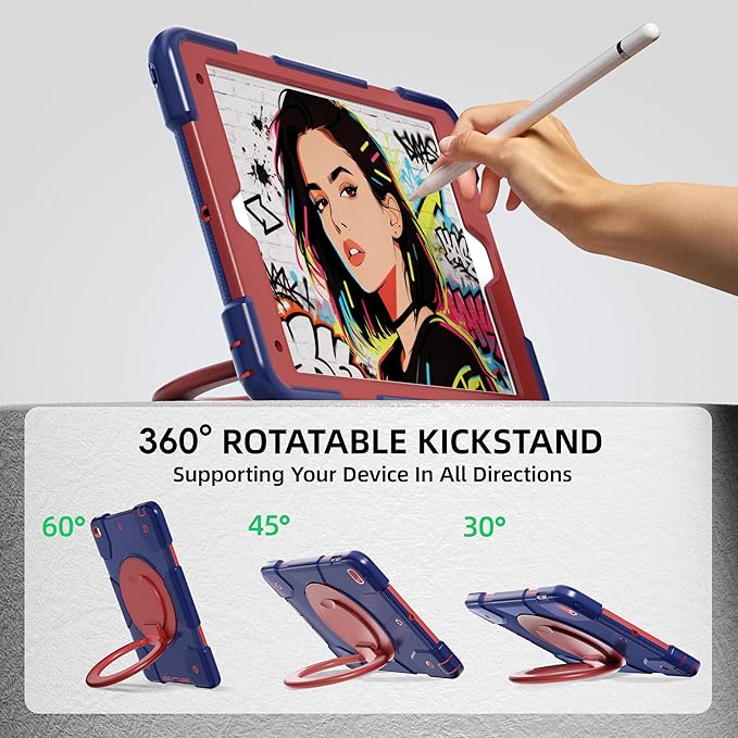 Case for iPad 9th/8th/7th Generation 10.2 inch Shockproof Cover with Screen Protector/360° Rotate Stand/Pencil Holder/Shoulder Strap Kids Case for iPad 2021/2020/2019 (Navy+Red)
