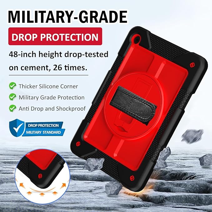 BMOUO for Samsung Galaxy Tab A9+ Plus Case 11 2023 (SM-X210/X216/X218) Shockproof Galaxy Tab A9 Plus Case with Rotating Stand and Hand/Shoulder Strap Red and Black